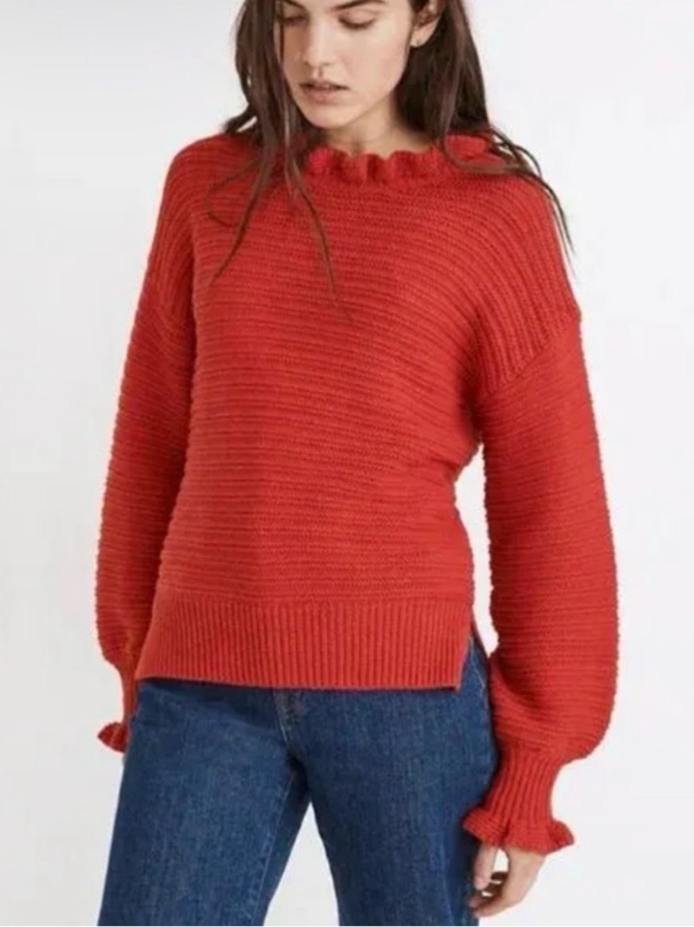 Madewell Red Ruffle-Neck Crew Sweater